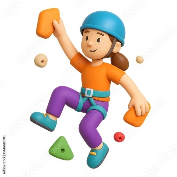 Fototapeta 3D Cartoon Rock Climber in Action with Colorful Climbing Holds