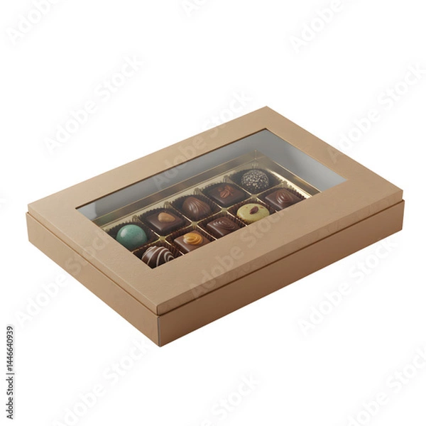 Fototapeta Assorted chocolates in a tan box with a clear window showing the sweet treats inside the container on transparent background