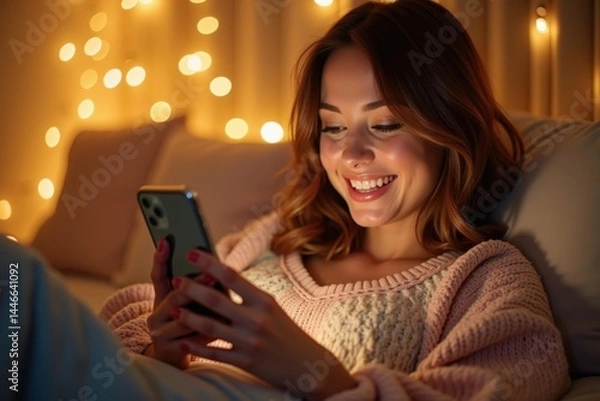 Fototapeta Joy in distraction. Womans serene smile conveys happiness in being absorbed by her phone, moment of joyful distraction.