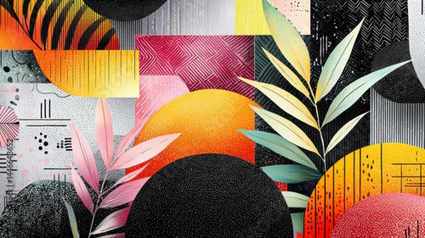 Fototapeta A vibrant illustration with colorful geometric shapes and botanical elements creates a modern, eye-catching design with ample copy space for creative projects.