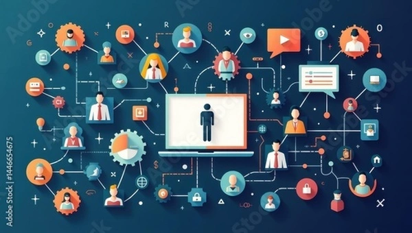 Fototapeta Internet Accessibility Discrimination. Universal Digital Access. Person sits at laptop, surrounded by inclusive digital icons, symbolizing equal access to internet.