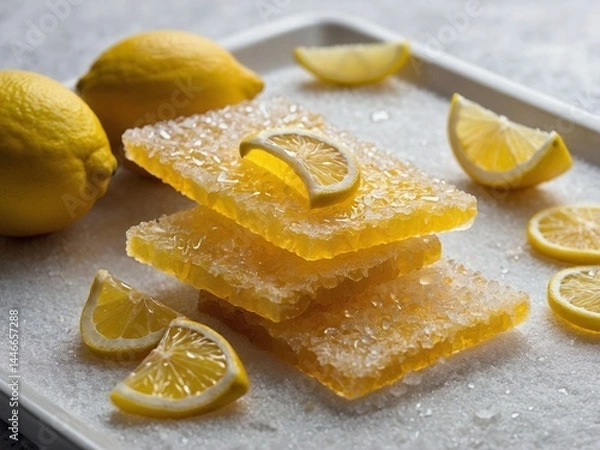 Fototapeta A small pile of candied lemon peel strips glistening with sugar crystals