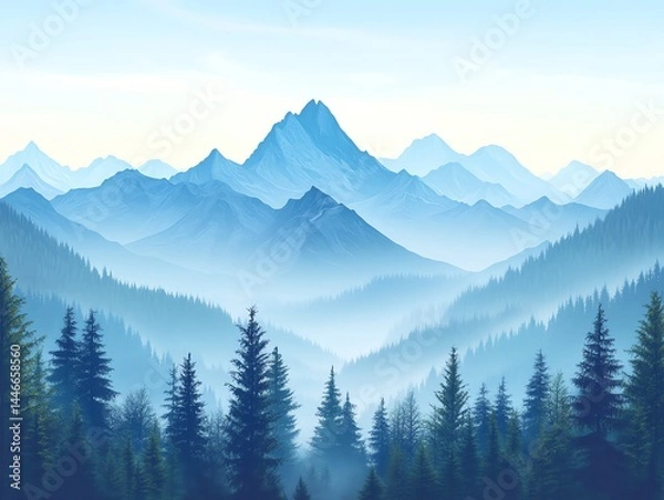 Fototapeta Misty Mountain Range with Evergreen Forest