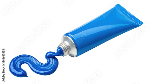 Fototapeta Blue paint tube with glossy paint squeezed out in smooth swirl, showing vibrant color and shiny texture on transparency background