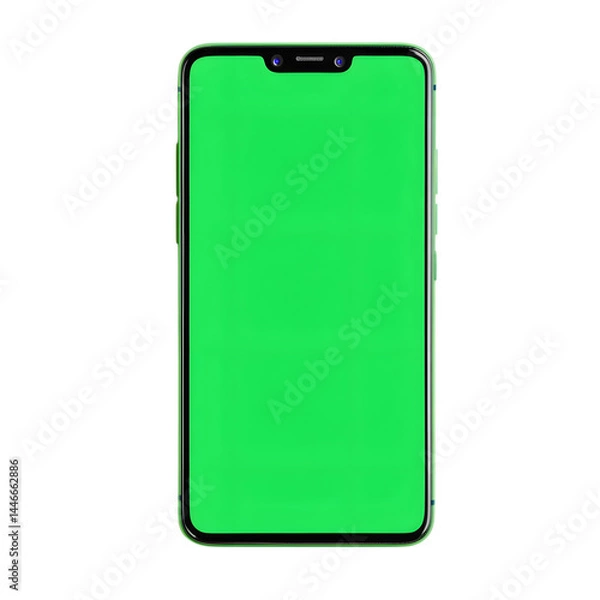 Obraz Vertical phone green screen with chrome key isolated on white background. Flat lay, copy space. Ai Generated Images