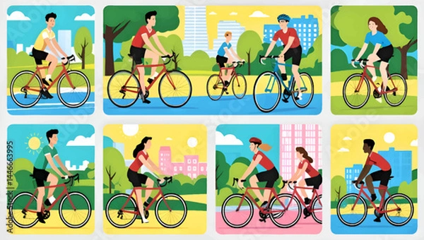 Obraz lifestyle background vector. people exercising and cycling in city park
