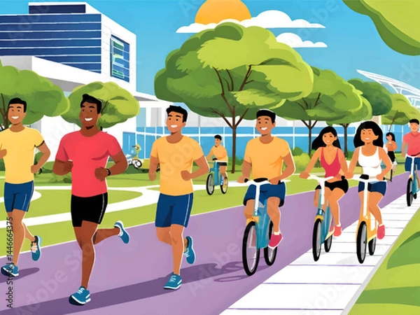 Obraz lifestyle background vector. people exercising and cycling in city park