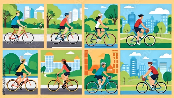 Obraz lifestyle background vector. people exercising and cycling in city park