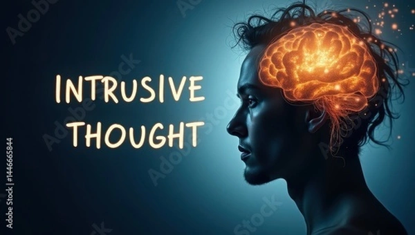 Fototapeta Intrusive Thought. Intrusive Mind Invades. Product ad banner copy text. Intrusive thoughts invade womans mind as glowing words hover above her head like ominous warnings.