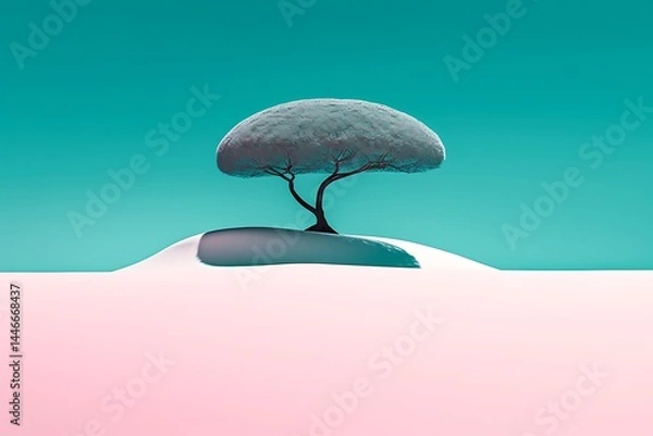 Fototapeta A single, frost covered tree sits atop a small, pale pink hill against a teal sky. Minimalist, surreal landscape with pastel colors