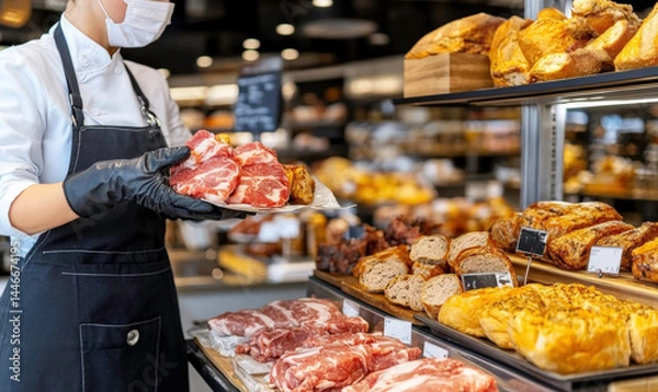 Fototapeta Fresh Meat Display in a Modern Butcher Shop with a Worker in Apron and Gloves Holding a Plate of Various Cuts and Breads in Background