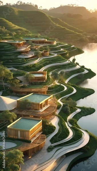 Fototapeta Terraced bamboo resort curves along lakeside slope, fully integrated with landscape. Overhead golden hour view in 48K shows warm tones and real textures.