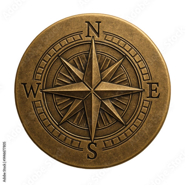 Obraz Embossed golden metal compass rose medallion, intricately designed and clearly showing the cardinal directions N, S, E, W.