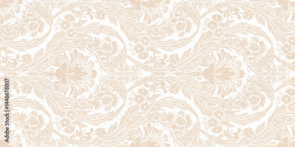 Obraz Vintage damask floral wallpaper with a repeating golden-beige motif on textured white.