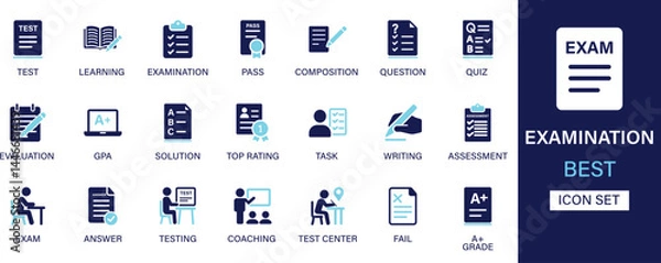 Fototapeta Examination icon set collection. Test, learning, examination, pass, composition, question, quiz, evaluation, solution, top rating and best solid icon set.