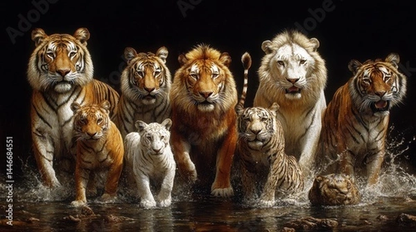 Fototapeta CaptivatingWildlifeEncounter:AStrikingAssemblageofMajesticTigersandLionsinMotion,SeamlesslyBlendingFerocity,PowerandaSenseofCollectiveUnityAgainsttheDarkness