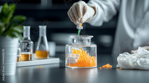 Fototapeta A lab setting with a scientist handling orange spheres. Suitable for articles on lab practices scientific research or materials science applications.