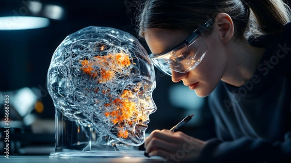 Fototapeta A scientist studies a glowing brain model exploring neurological processes. Could be used for educational materials on neuroscience and research.