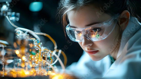 Obraz A scientist examines complex circuitry. This image is ideal for tech articles science blogs and research papers. It evokes innovation and precision in scientific endeavors.