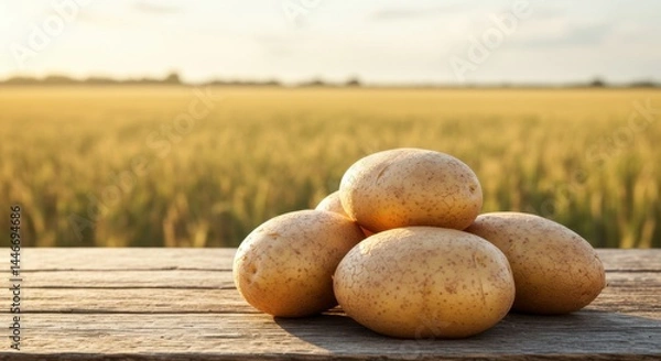 Obraz Rustic Harvest: Golden Potatoes on a Wooden Table Against a Sunlit Wheat Field
