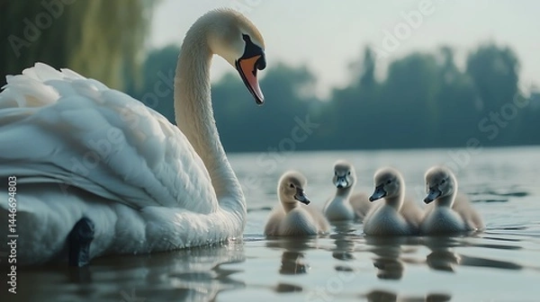 Fototapeta Mute swan with four cygnets swimming on calm water.