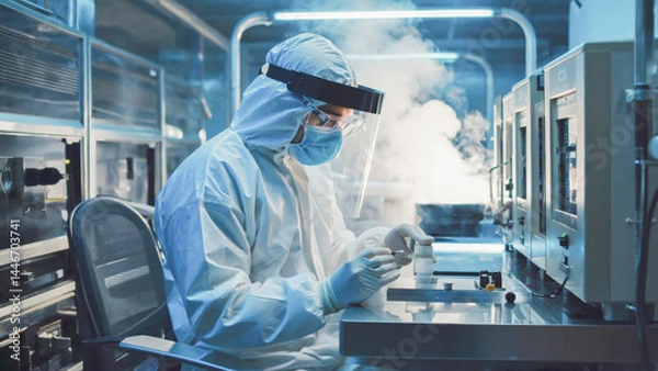 Fototapeta High-tech pharmaceutical laboratory, close-up of a scientist in full PPE using precision instruments to measure active compounds, sterile and futuristic environment.