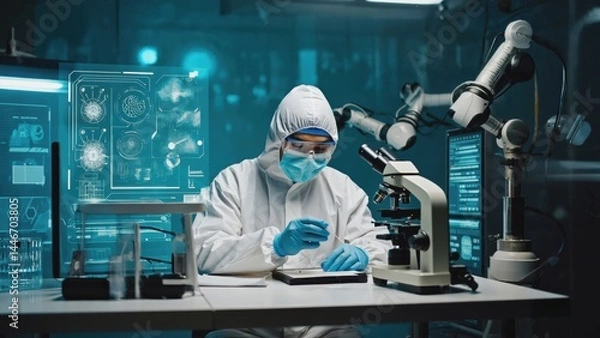 Fototapeta High-tech pharmaceutical laboratory, close-up of a scientist in full PPE using precision instruments to measure active compounds, sterile and futuristic environment.