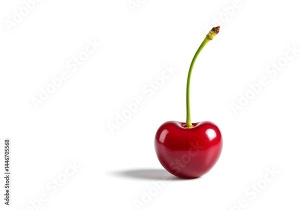 Fototapeta Single red cherry with a green stem isolated on a white background studio shot close up and bright lighting