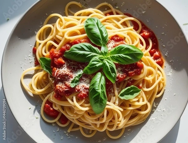 Fototapeta Mouthwatering 8K Macro Shot of Fresh Pasta with Rich Tomato Sauce & Basil – Steaming, Glistening Al Dente Perfection on White