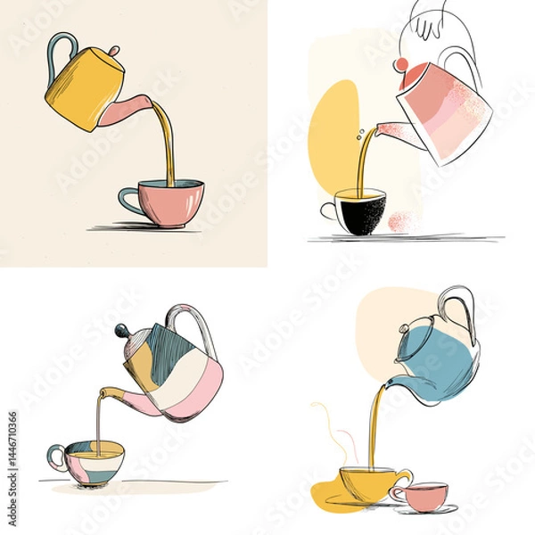 Fototapeta Playful hand-drawn teapots pouring hot tea into cups, ideal for tea time illustrations, cozy lifestyle visuals, or beverage branding.

