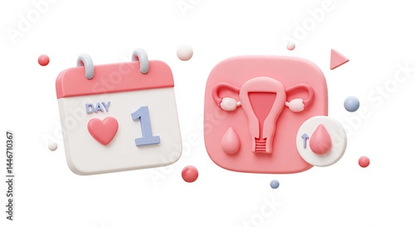 Fototapeta Menstrual cycle starting on day one with uterus and calendar showing first day