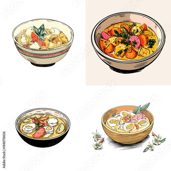 Obraz Illustrated bowls of assorted soups with colorful toppings, great for food blog headers, restaurant menus, or culinary education visuals.

