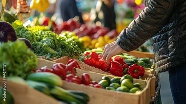 Obraz Close-up of a person shopping for local produce at a farmer's market, action shot, in a vibrant market setting, using dynamic angles in composition, with bright daylight