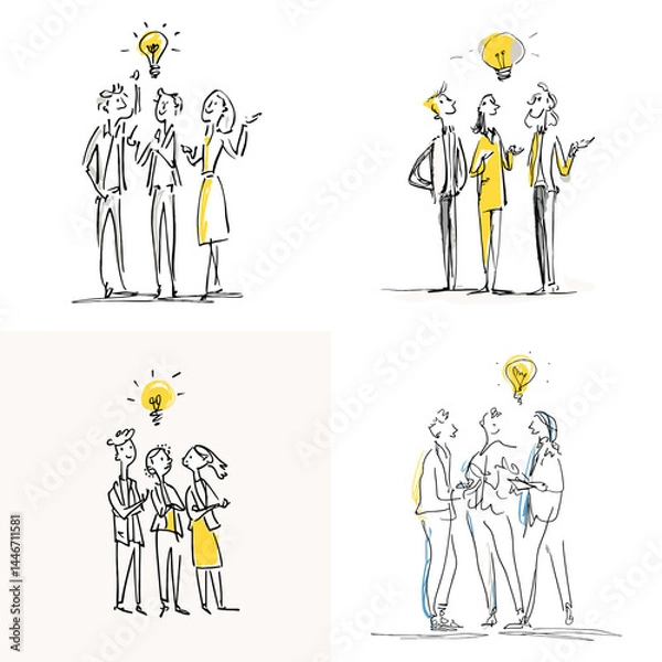 Fototapeta Hand-drawn illustrations of people in business attire brainstorming with a light bulb above, symbolizing ideas, teamwork, and innovation.

