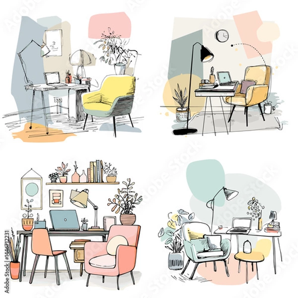Fototapeta Whimsical hand-drawn illustrations of cozy, well-decorated home workspaces with laptops, plants, and stylish furniture in pastel tones.

