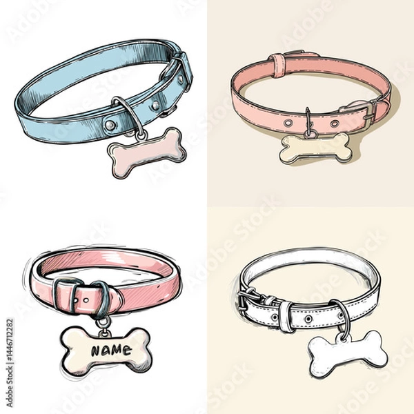 Fototapeta Cute hand-drawn illustrations of pet collars with bone-shaped name tags in pastel tones, perfect for pet care and identification themes.

