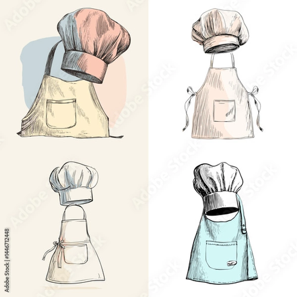 Fototapeta Vintage-style hand-drawn illustrations of chef hats and aprons in soft pastel colors, ideal for cooking or culinary-themed design elements.

