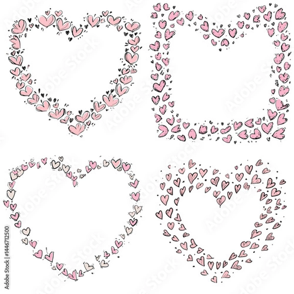 Fototapeta Hand-drawn heart-shaped frames with pink doodle hearts in various arrangements, ideal for romantic or Valentine's Day-themed designs on a white background.