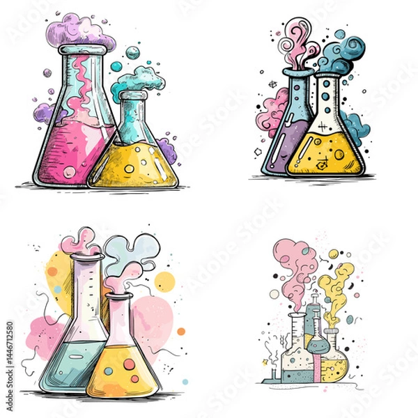 Fototapeta Colorful watercolor illustration of bubbling lab flasks with smoke and foam, representing fun chemistry experiments in a lively science classroom.

