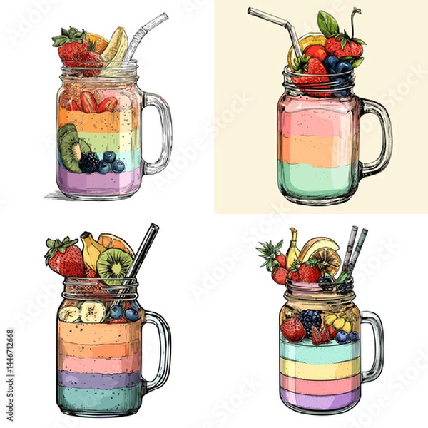Fototapeta Colorful smoothie drink illustration in transparent mason jars topped with fresh fruits, hand-drawn style, white and pastel background.
