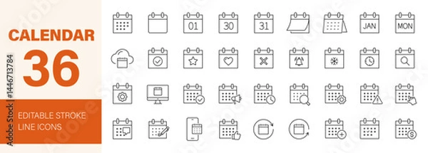 Fototapeta Calendar icon set. Containing date, schedule, month, week, appointment, event, time, planning, day, agenda, clock and more. Editable line icons. Vector illustration.