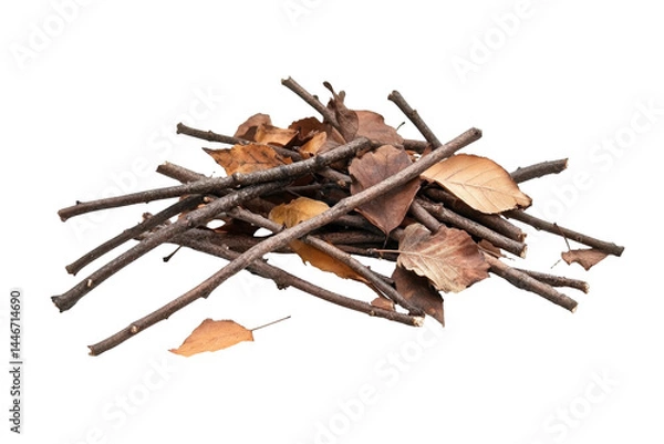 Fototapeta Close-up view of a pile of twigs and dried leaves. The fallen branches and leaves are arranged in a casual heap.