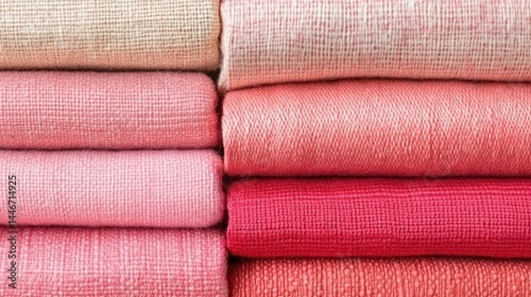 Fototapeta Stacked vibrant textiles in various shades of pink and peach.