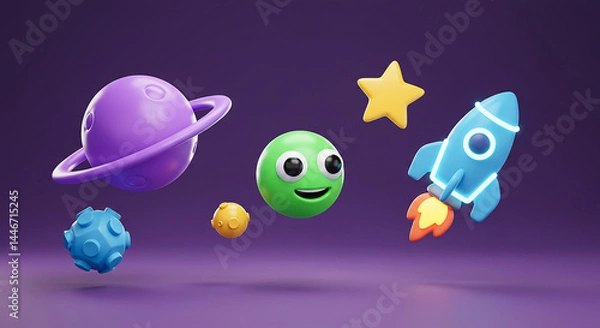 Fototapeta Friendly alien smiling near planets and rocket in space