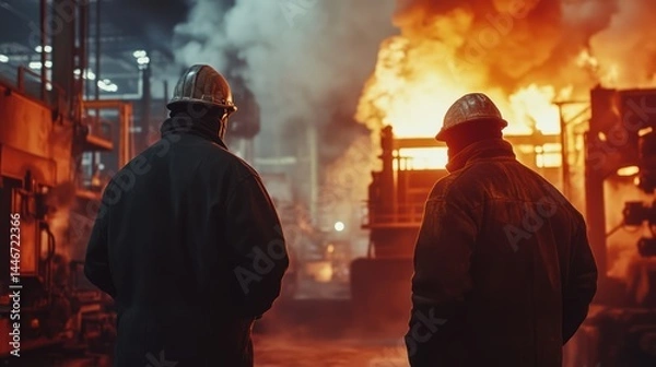 Obraz Steelworkers Observing Molten Metal in a Fiery Furnace