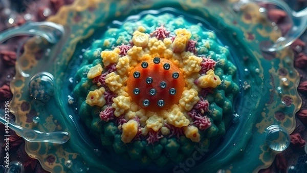 Fototapeta Under Science Microscope Light illuminates Bacteria As Spheres Among Cells Where Viruses Appear Like Glowing Orbs in The Plasma 3d illustration Resembling Tiny Electric Planet