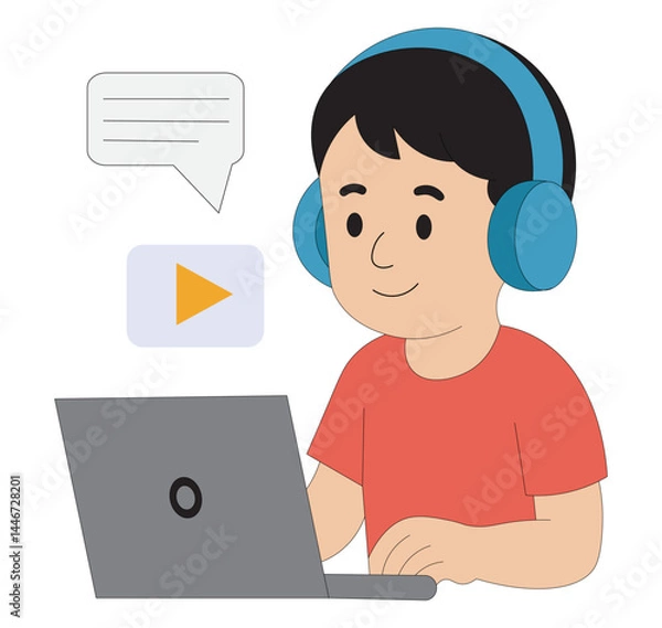 Fototapeta Flat illustration of boy attending online class on laptop with headphones e-learning and virtual education concept.