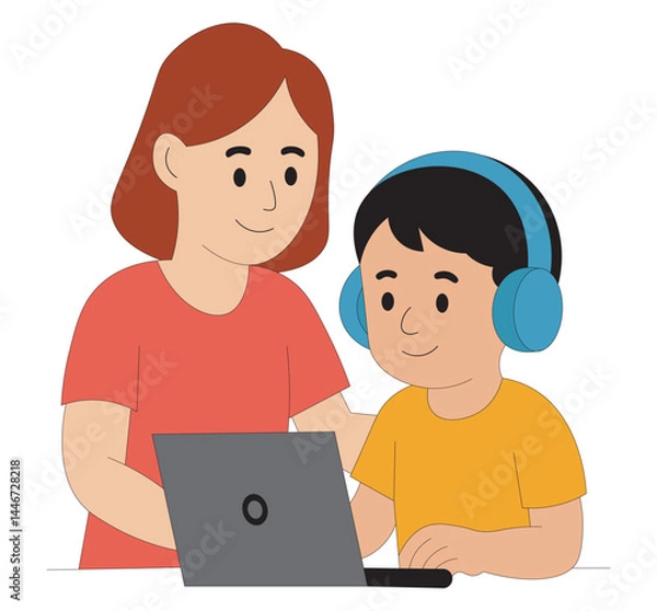Fototapeta Flat illustration of mother helping son with online learning e-learning and homeschooling concept with laptop and headphones.