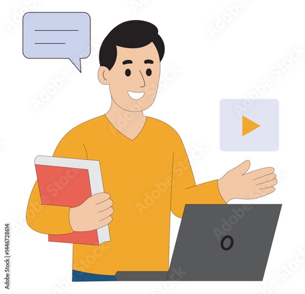 Fototapeta young man with a laptop. Flat illustration of male student learning online with laptop and books e-learning, distance education, and digital classroom concept.