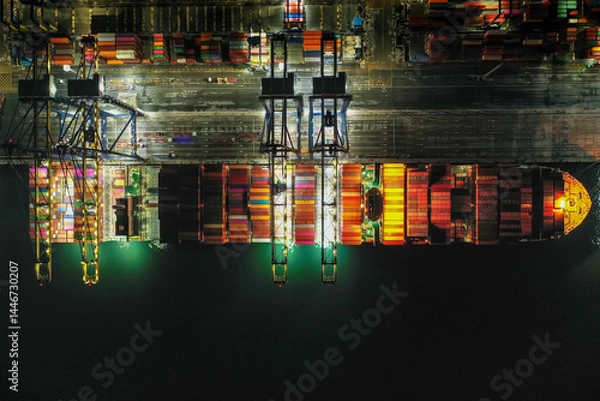 Fototapeta Aerial top view over container cargo ship at industrial import-export port prepare to load containers with big container loader ship vessel. global transportation and logistic business.